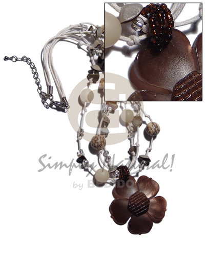 3 rows white wax cords  buri seeds and shells chips accent and 40mm brown hammershell flower  groove nectar - Home