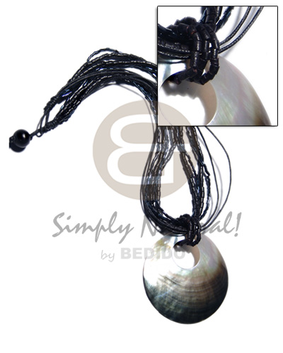45mm round blacklip shell pendant on 2 layers black 2-3mm coco heishe/ 2 black layers wax cord  2layers cut glass beads combination - Home
