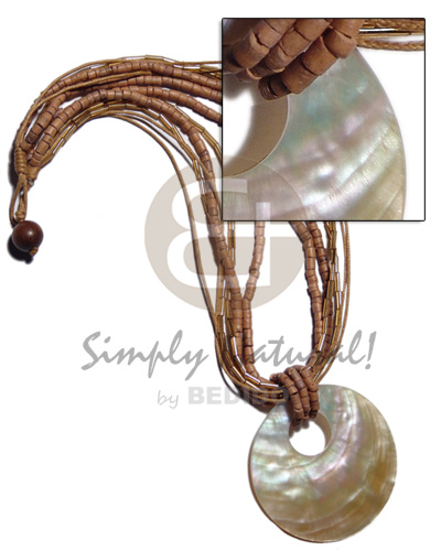 45mm round MOP shell pendant on 2 layers 2-3mm coco heishe/2layers wax cord/2layers cut glass beads / in brown tones - Home