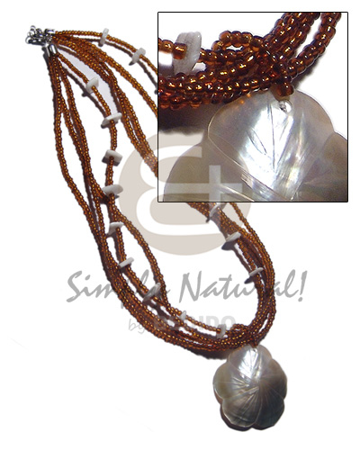 4 layers amber glass beads  45mm blacklip flower pendant  white rose shell accent / 18in - Home