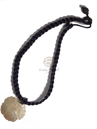 satin black cord flat braided macrame  45mm MOP flower pendant / 15in plus 3in adjustable cord - Home