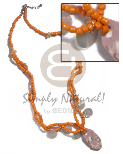 orange intertwined glass beads  dangling 12mm round MOP shell chips in resin pendant / 18in - Home