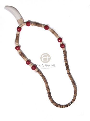 4-5mm coco Pokalet tiger/bleach  bamboo tube burning and 10mm round wood beads in red combination and cowrie shell fang pendant / 18in - Home