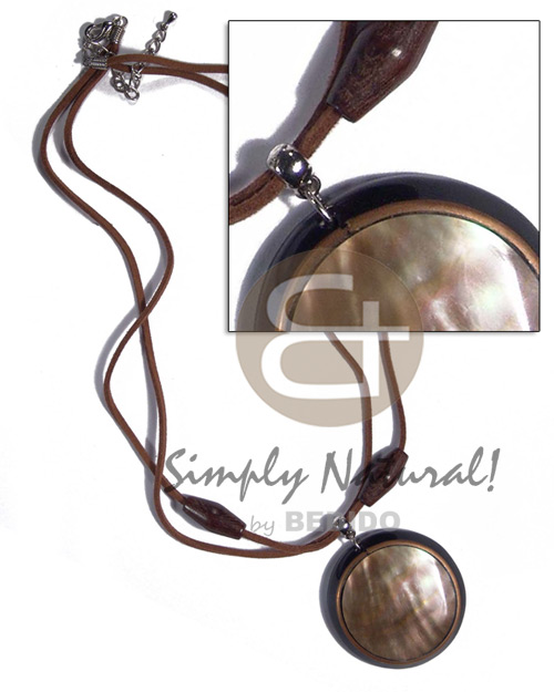 2 layers leather thong  wood beads accent and round 45mm laminated brownlip  brasswire pendant - Home