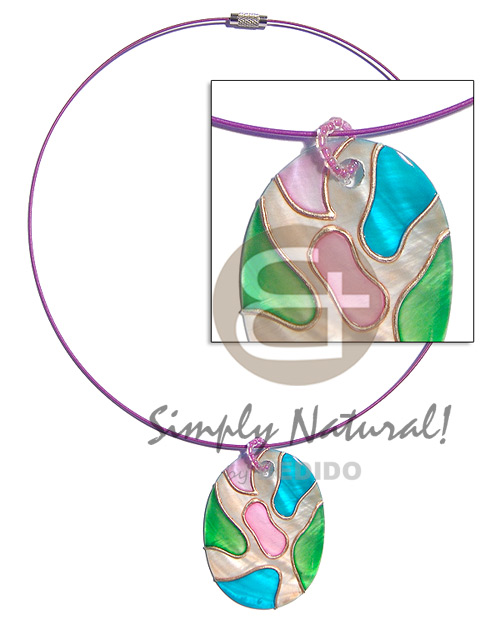 coated violet cable wire neckline  handpainted and colored oval 45mmx30mm  7mm hole kabibe shell pendant embellished  elevated /embossed metallic paint accent lines / pastel and gold tones - Home