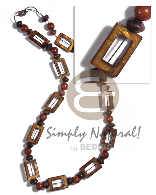 30mmx20mm rectangular laminated golden amber kabibe shell rings ( 11 pcs.) in high gloss  wood beads accent / 30in - Home