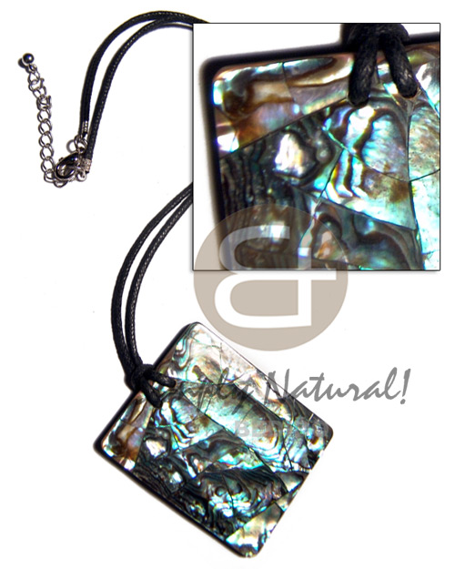 55mmx45mm rectangular crackled paua abalone in 3mm black resin backing and 2mm black wax cord / 18in - Home
