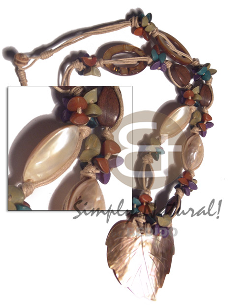 4 rows beige knotted wax cord  multicolored buri seed nuggets, wood beads, gold mouth shell and laminated oval kabibe shell rings  brownlip  50mmx45mm leaf pendant / knotted loop lock  coco stopper /20in - Home