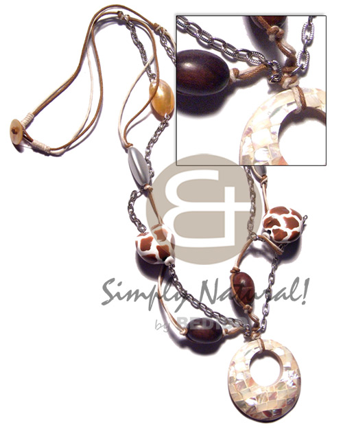 animal print kukui nuts, gold mouth shell and wood beads combination on 2 rows wax cord and metal chain  45mm round kabibe shell blocking (18mm hole) /corded lock / 32in - Home