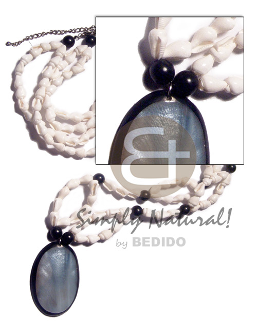 50mmx37mm oval kabibe shell in black resin backing on 34in. double row white nassa shell neckline  black wood beads accent /  ext. chain - Home