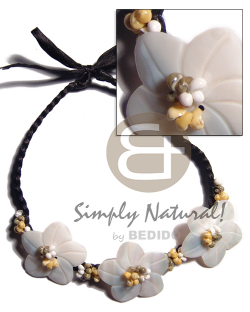 braided black satin cord  choker  3 pcs. 45mm kabibe flower shells and white/green/yellow mongo shells accent / 16in plus 14in. extender ribbon - Home