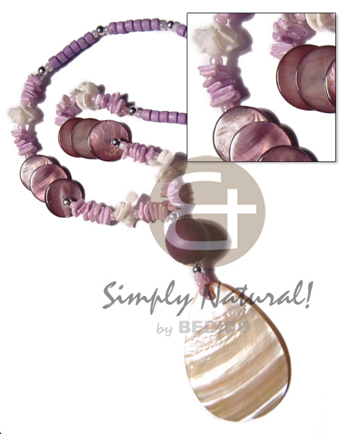 55mmx47mm kabibe teardrop pendant  white rose, laminated  6 pcs. 18mm flat round kabibe, 4-5 coco Pokalet , round nat. wood beads. all in violet tones / 18in / barrel lock - Home