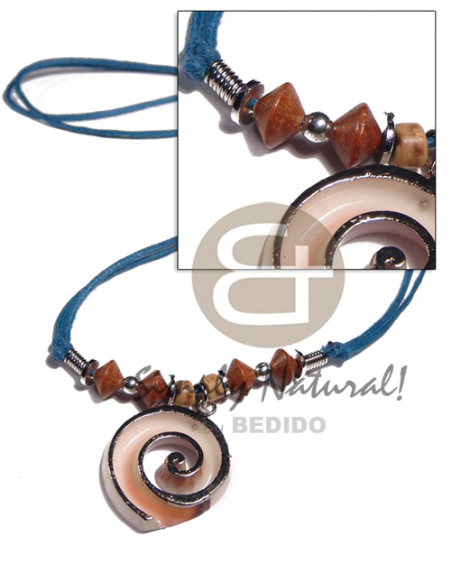 2 rows blue wax cord  wood beads accent andluhuanus strombus pendant (approx.  35mm - varying natural sizes ) molten silver metal series /  attached jump rings / electroplated / st-97 / adjustable - Home