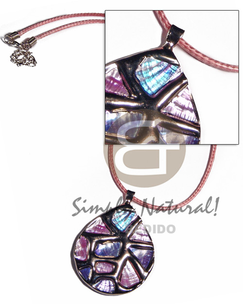 teardrop 50mmx42mm glistening abalone in pastels  pink  rubber cord  silver neckline/ molten silver metal series /  attached 5mm bell ring / electroplated /18in - Home