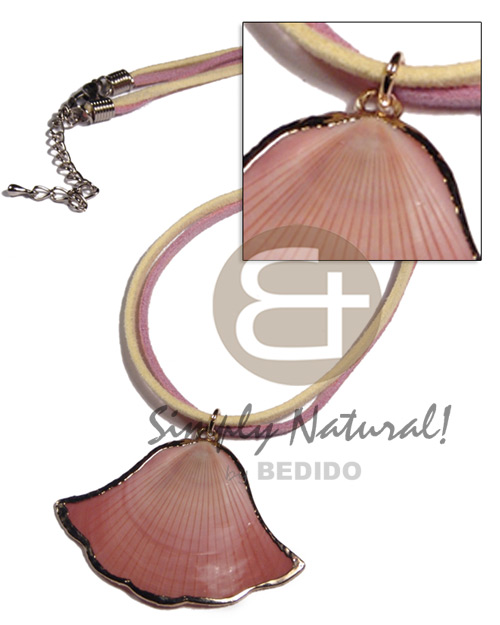 light pink and yellow leather thong w / amosiom shell pendant (approx.  35mm - varying natural sizes ) molten gold metal series /  attached jump rings / electroplated / se-57 / 16in - Home