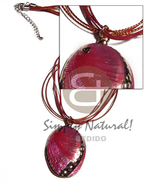 6 layers orange metallic trimming / maroon cell cord combination  glistening fuschia abalone pendant   (approx.  45mm - varying natural sizes ) molten gold metal series /  attached jump rings / electroplated / a-6 / 16in - Home