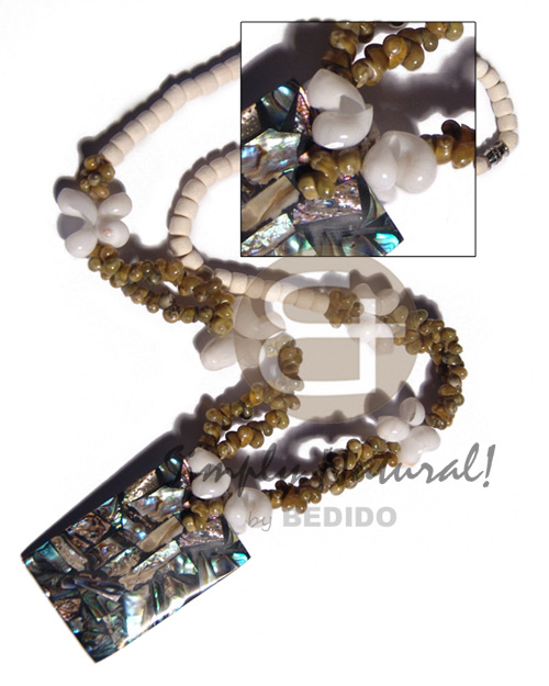4-5mm bleached white coco Pokalet  moon shells and green mongo shells combination and rectangular 45mmx30mm laminated paua shells  nicarta backing pendant / 20in. - Home