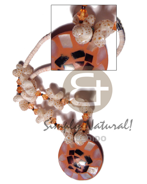 2-3mm pink luhuanus heishe   dotted moon shells /orange acrylic crystal combination and 50mm round orange  resin  laminated hammershells/blackpin shells pendant/ 20in - Home