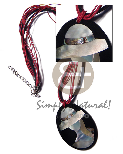 black leather thong  4 rows red cord and 50mmx38mm oval pendant /elegant hat lady delicately etched in shells - brownlip, blacklip and paua combination in jet black laminated resin / 5mm thickness / 18in - Home