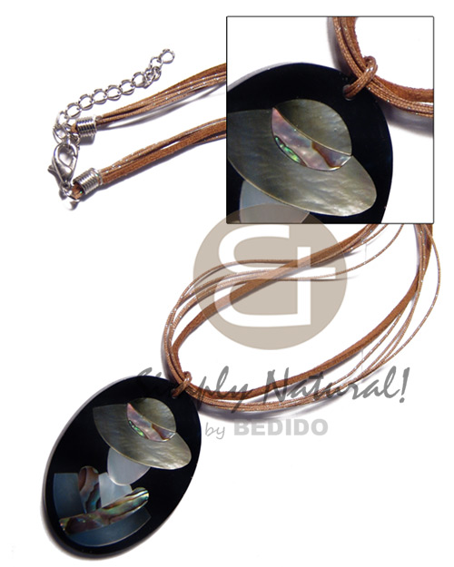tan leather thong  4 rows glitter cord combination and 50mmx38mm oval pendant /elegant hat lady delicately etched in shells - brownlip, blacklip and paua combination in jet black laminated resin / 5mm thickness / 18in - Home