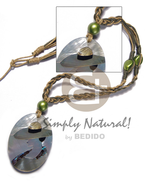 macrame wax cord in olive green and golden brown combination and 50mmx38mm oval pendant /elegant hat lady delicately etched in shells - brownlip, blacklip and paua combination in jet black laminated resin / 5mm thickness / 18in - Home