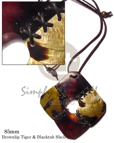 leather thong  black tab/brown lip jigsaw weaved  wax cord pendant - Home