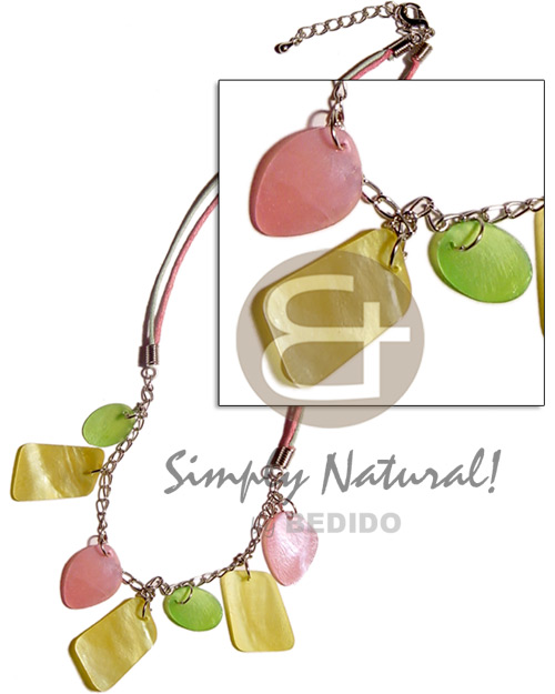 dangling multicolred shell pendant on metal chain and aqua blue & pink wax cords - Home