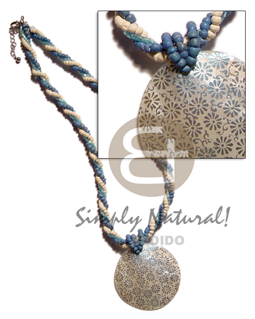 twisted 2-3mm coco pokalet blue/bleach/cut beads  40mm handpainted round hammershell pendant - Home