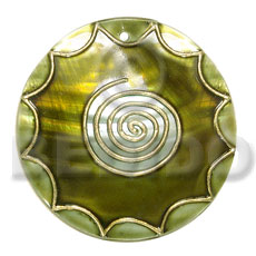 handpainted and colored round 55mm kabibe shell pendant embellished  elevated /embossed metallic paint accent lines / olive green and gold tones hand painted using japanese materials in the form of maki-e art a traditional japanese form of hand painting - Hand Painted Pendants