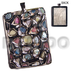 rectangular 50mmx38mm glistening abalone in pastels / molten silver metal series /  attached 5mm bell ring / electroplated - Shell Pendant