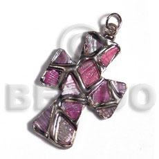 cross 40mm glistening pink abalone  / molten silver metal series /  attached 5mm bell ring / electroplated - Shell Pendant