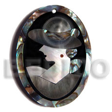 50mmx38mm oval pendant /elegant hat lady delicately etched in  shells - brownlip, blacklip and paua combination in jet black laminated resin / 5mm thickness - Shell Pendant