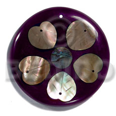 55mm round / 7mm thickness / brownlip hearts  in violet resin backing laminated in clear resin - Shell Pendant