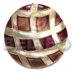 handpainted and colored round 55mm kabibe shell pendant embellished  elevated /embossed metallic paint accent lines / brown and gold tones - Hand Painted Pendants