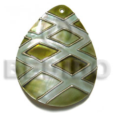 handpainted and colored teardrop 58mmx48mm kabibe shell pendant embellished  elevated /embossed metallic paint accent lines / olive green and gold tones - Hand Painted Pendants