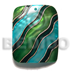 handpainted and colored rectangle 50mmx40mm kabibe shell pendant embellished  elevated /embossed metallic paint accent lines / blue, green and silver tones - Hand Painted Pendants