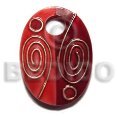 handpainted and colored oval 40mmx30mm kabibe shell pendant embellished  elevated /embossed metallic paint accent lines / red and gold tones - Hand Painted Pendants