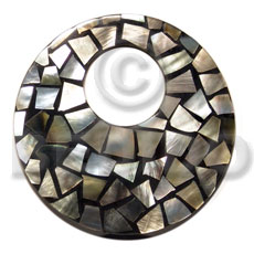 flat 65mm round  black resin  laminated blacklip chips  23mm hole - Shell Pendant