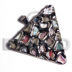 triangle 50mm glistening abalone in pastel / molten silver metal series /  attached 5mm bell ring / electroplated - Shell Pendant