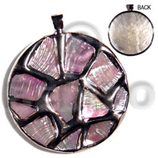 50mm round glistening pink abalone / molten silver metal series /  attached 5mm bell ring / electroplated - Shell Pendant