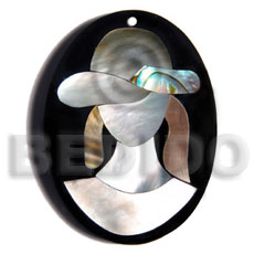 50mmx38mm oval pendant /elegant hat lady delicately etched in  shells - brownlip, blacklip and paua combination in jet black laminated resin / 5mm thickness - Shell Pendant