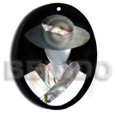 50mmx38mm oval pendant /elegant hat lady delicately etched in  shells - brownlip, blacklip and paua combination in jet black laminated resin / 5mm thickness - Shell Pendant