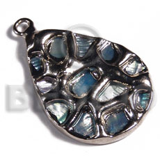 teardrop 30mmx25mm blue glistening abalone  / molten silver metal series /  attached jump ring / electroplated /19-022 - Shell Pendant