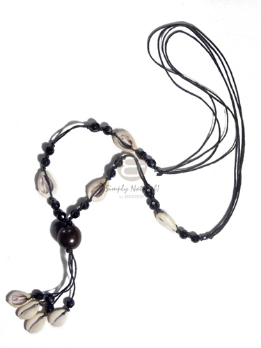 4 rows black wax cord  tassled sigay flowers and round 20mm wood beads combination / 28in plus 2in tassles - Home