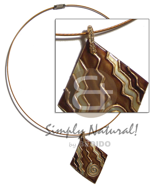 coated coppertone cable wire neckline  handpainted and colored diamond 48mmx40mm kabibe shell pendant embellished  elevated /embossed metallic paint accent lines / brown and gold tones - Home