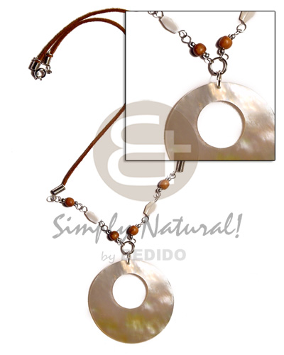 50mm round MOP in wax cord  looped troca & wood beads accent - Home