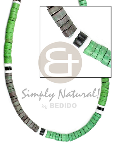 lime green, subdued green, gray, black 4-5mm coco heishe  white shell - Home
