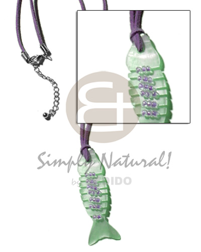 mint green fishbone hammershell  glass beads in lavender leather thong - Home