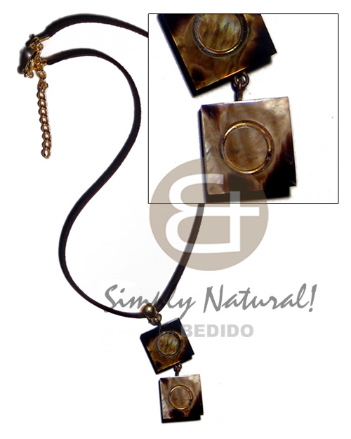 leather thong  dangling double 15mmx15mm square laminated brownlip  inlaid metal rings and resin backing pendant - Home