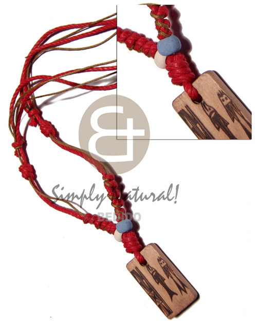 4 layers wax cord in red/ brown  tones combination   35mmx20mm rectangular wood  burning pendant / adjustable - Home